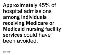 Approximately 45% of
hospital admissions
among individuals
receiving Medicare or
Medicaid nursing facility
services could ...