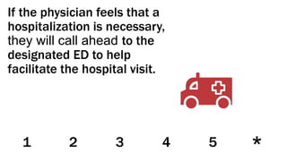 1 2 43 5
If the physician feels that a
hospitalization is necessary,
they will call ahead to the
designated ED to help
fac...