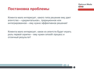Постановка проблемы Клиента мало интересует, какого типа решение ему дает   агентство – «диджитальное», традиционное или интегрированное – ему нужно эффективное решение! Клиента мало интересует, какое из агентств будет играть роль первой скрипки – ему нужен  smooth  процесс и отличный результат! 