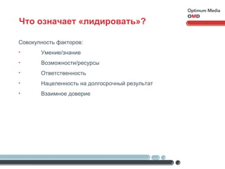 Совокупность факторов:   Умение/знание Возможности/ресурсы Ответственность Нацеленность на долгосрочный результат Взаимное доверие Что означает «лидировать»? 