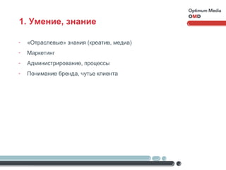 1. Умение, знание «Отраслевые» знания (креатив, медиа) Маркетинг Администрирование, процессы Понимание бренда, чутье клиента 