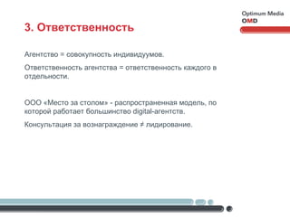 3. Ответственность Агентство = совокупность индивидуумов. Ответственность агентства = ответственность каждого в отдельности. ООО «Место за столом» - распространенная модель, по которой работает большинство  digital- агентств. Консультация за вознаграждение ≠ лидирование. 