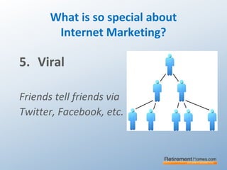 What is so special about
Internet Marketing?
5. Viral
Friends tell friends via
Twitter, Facebook, etc.
 