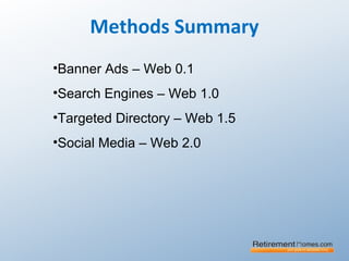 Methods Summary
•Banner Ads – Web 0.1
•Search Engines – Web 1.0
•Targeted Directory – Web 1.5
•Social Media – Web 2.0
 