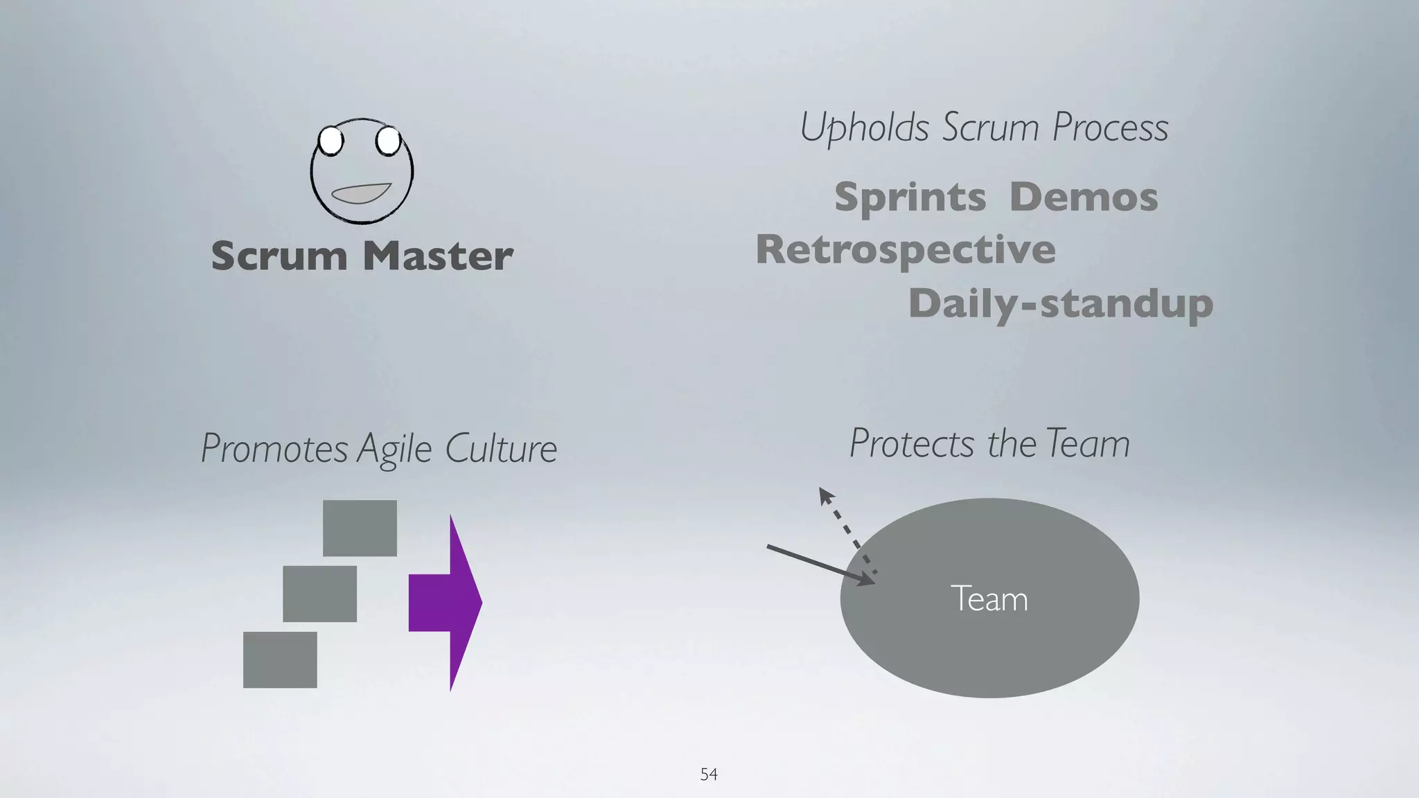 Upholds Scrum Process
                                 Sprints Demos
Scrum Master                  Retrospective
                                    Daily-standup


Promotes Agile Culture           Protects the Team


                                       Team



                         54
 