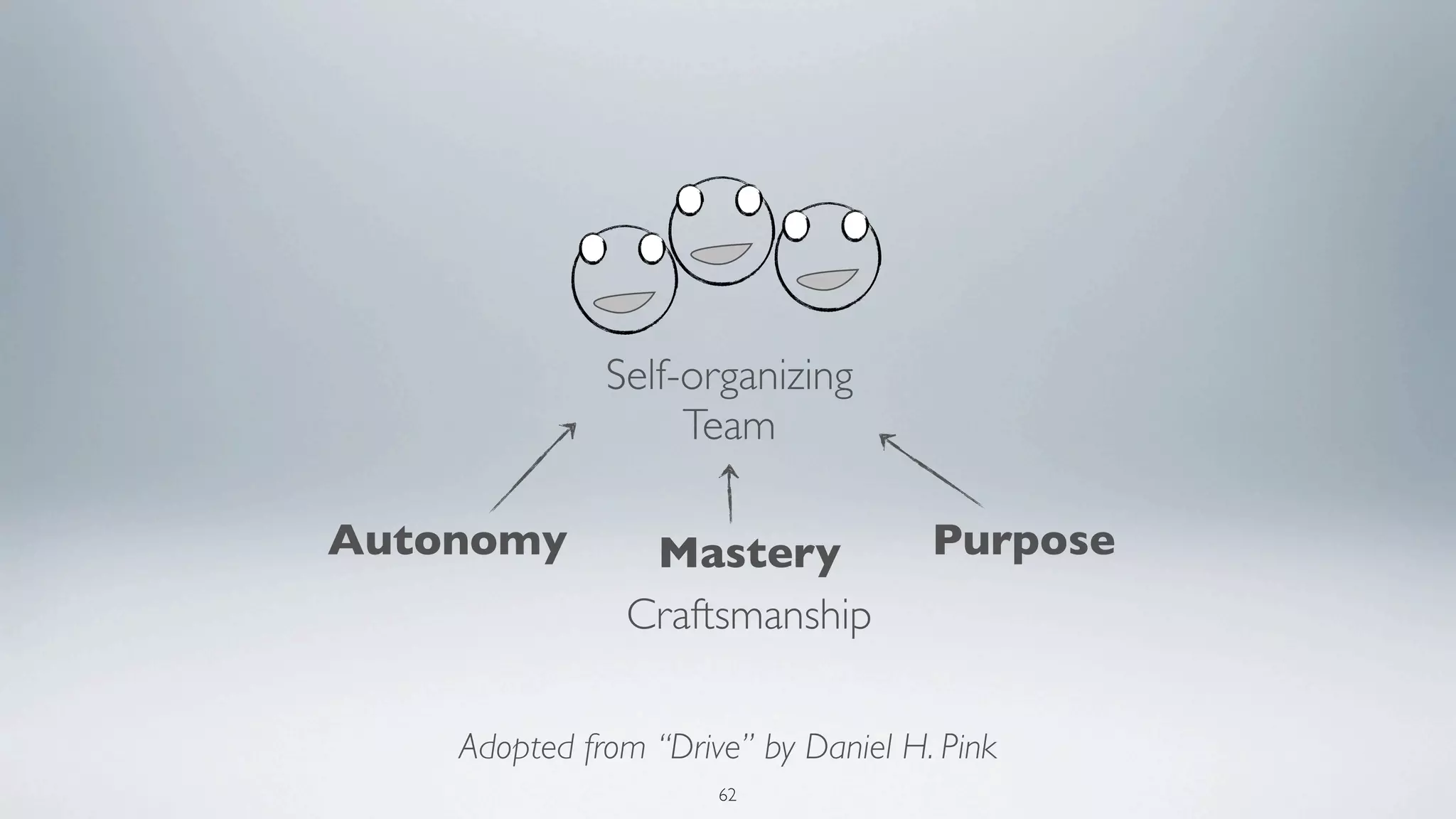 Self-organizing
                   Team

Autonomy        Mastery              Purpose
               Craftsmanship

    Adopted from “Drive” by Daniel H. Pink
                      62
 