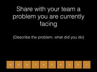 Share with your team a
problem you are currently
facing  
 
(Describe the problem, what did you do)
10 9 8 7 6 5 4 3 2 1
 