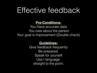 Effective feedback
Pre-Conditions:
You Have accurate data
You care about the person
Your goal is improvement (Double check)
Guidelines:
Give feedback frequently
Be prepared.
Speak for yourself
Use I language.
straight to the point.
 