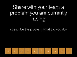 Share with your team a
problem you are currently
facing  
 
(Describe the problem, what did you do)
10 9 8 7 6 5 4 3 2 1
 