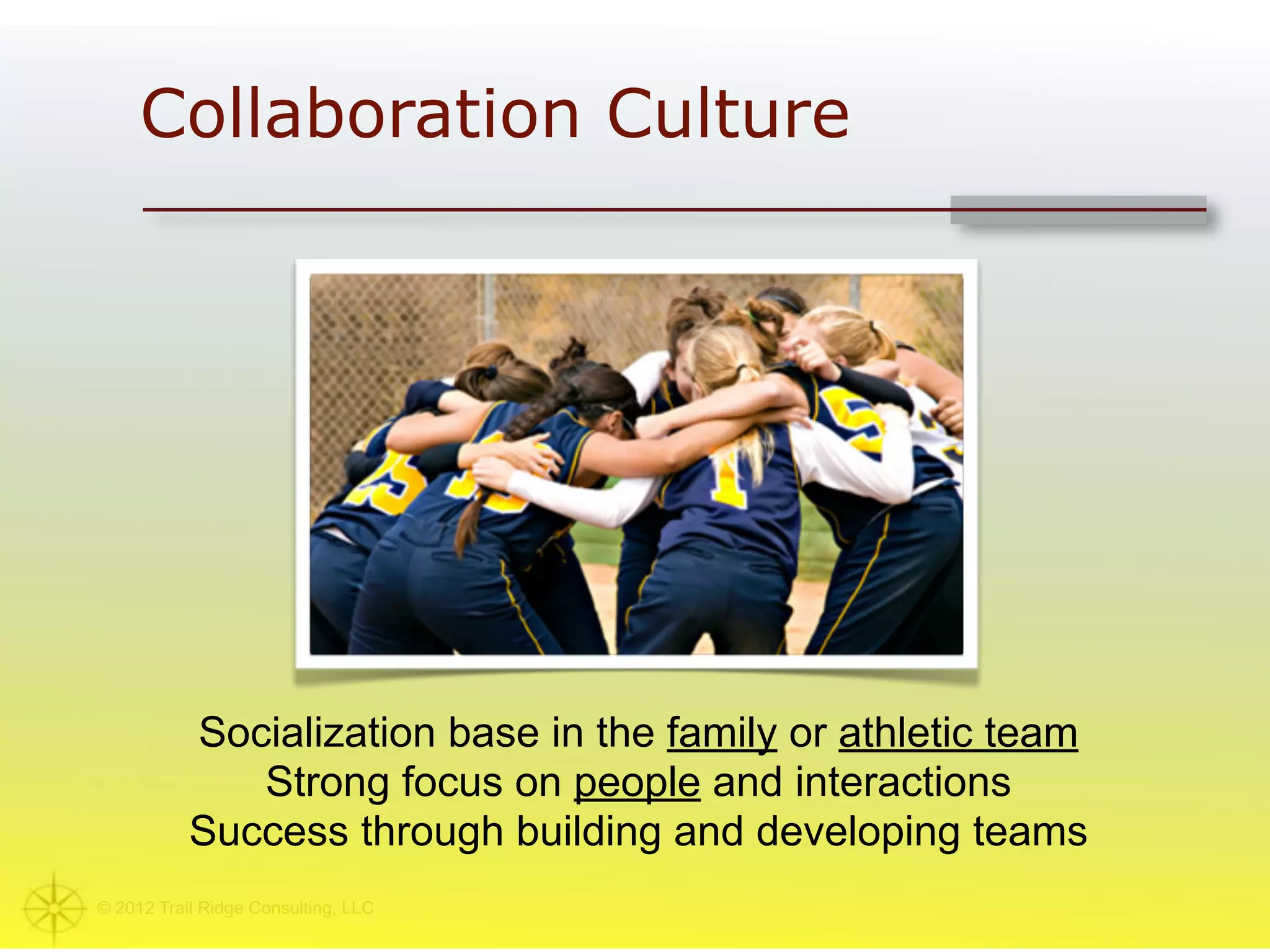 Collaboration Culture




           Socialization base in the family or athletic team
              Strong focus on people and interactions
           Success through building and developing teams
© 2012 Trail Ridge Consulting, LLC
 