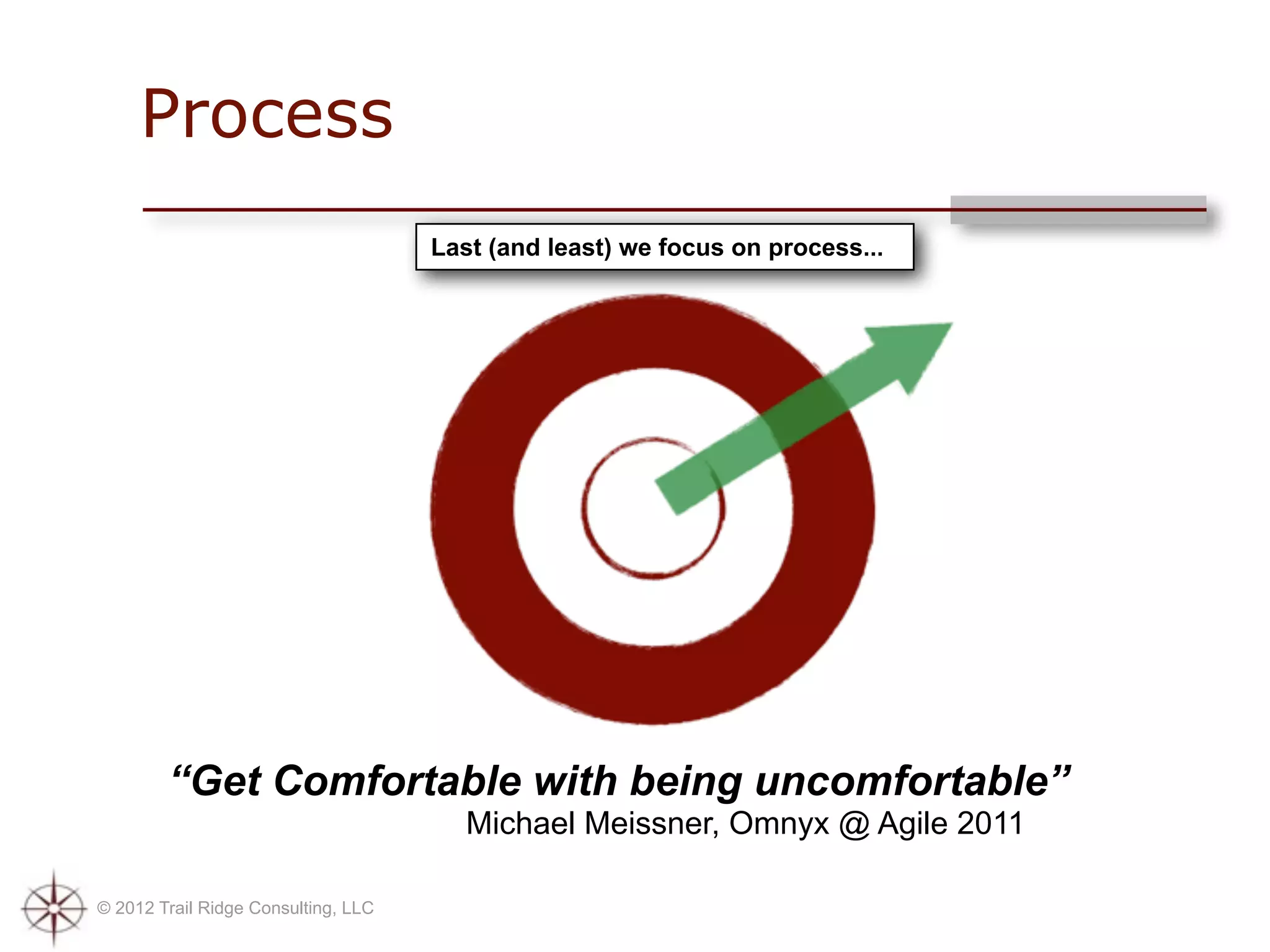 Process
                                     Last (and least) we focus on process...




        “Get Comfortable with being uncomfortable”
                                        Michael Meissner, Omnyx @ Agile 2011

© 2012 Trail Ridge Consulting, LLC
 