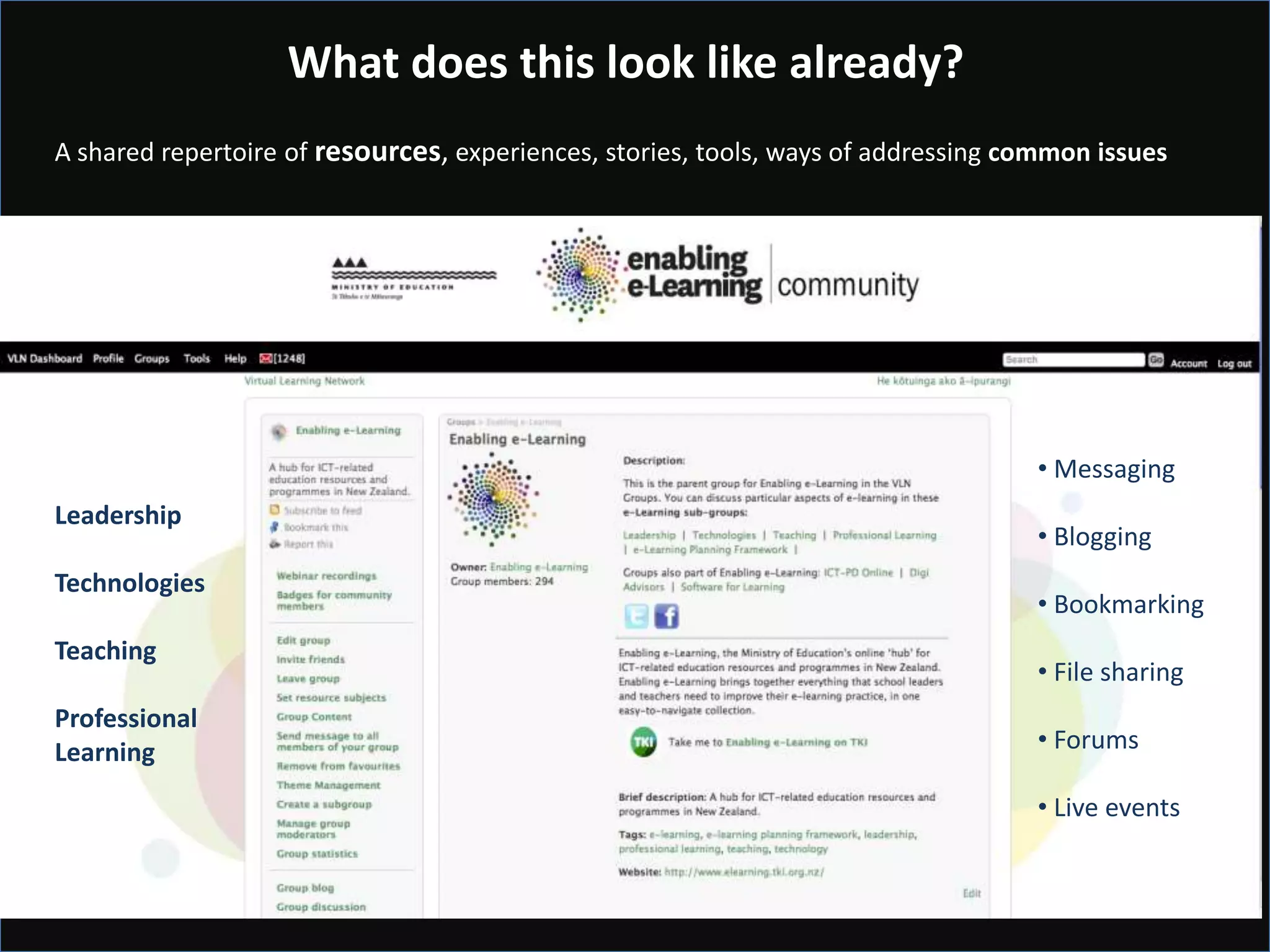 What does this look like already?
A shared repertoire of resources, experiences, stories, tools, ways of addressing common issues




                                                                                   • Messaging
Leadership
                                                                                   • Blogging
Technologies
                                                                                   • Bookmarking
Teaching
                                                                                   • File sharing
Professional
Learning                                                                           • Forums

                                                                                   • Live events
 