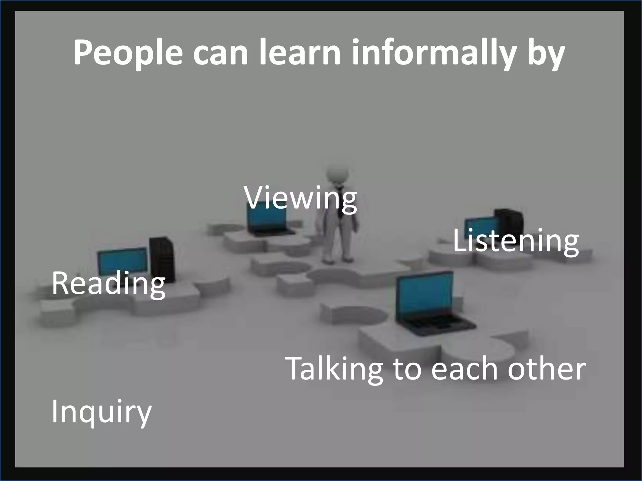 People can learn informally by


           Viewing
                        Listening
Reading

             Talking to each other
Inquiry
 
