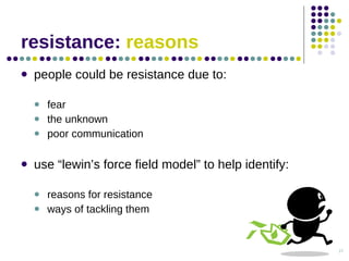 resistance:  reasons  <ul><li>people could be resistance due to: </li></ul><ul><ul><li>fear  </li></ul></ul><ul><ul><li>th...