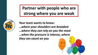 Partner with people who are
strong where you are weak
Your team wants to know:
…where your shoulders are broadest
…where t...