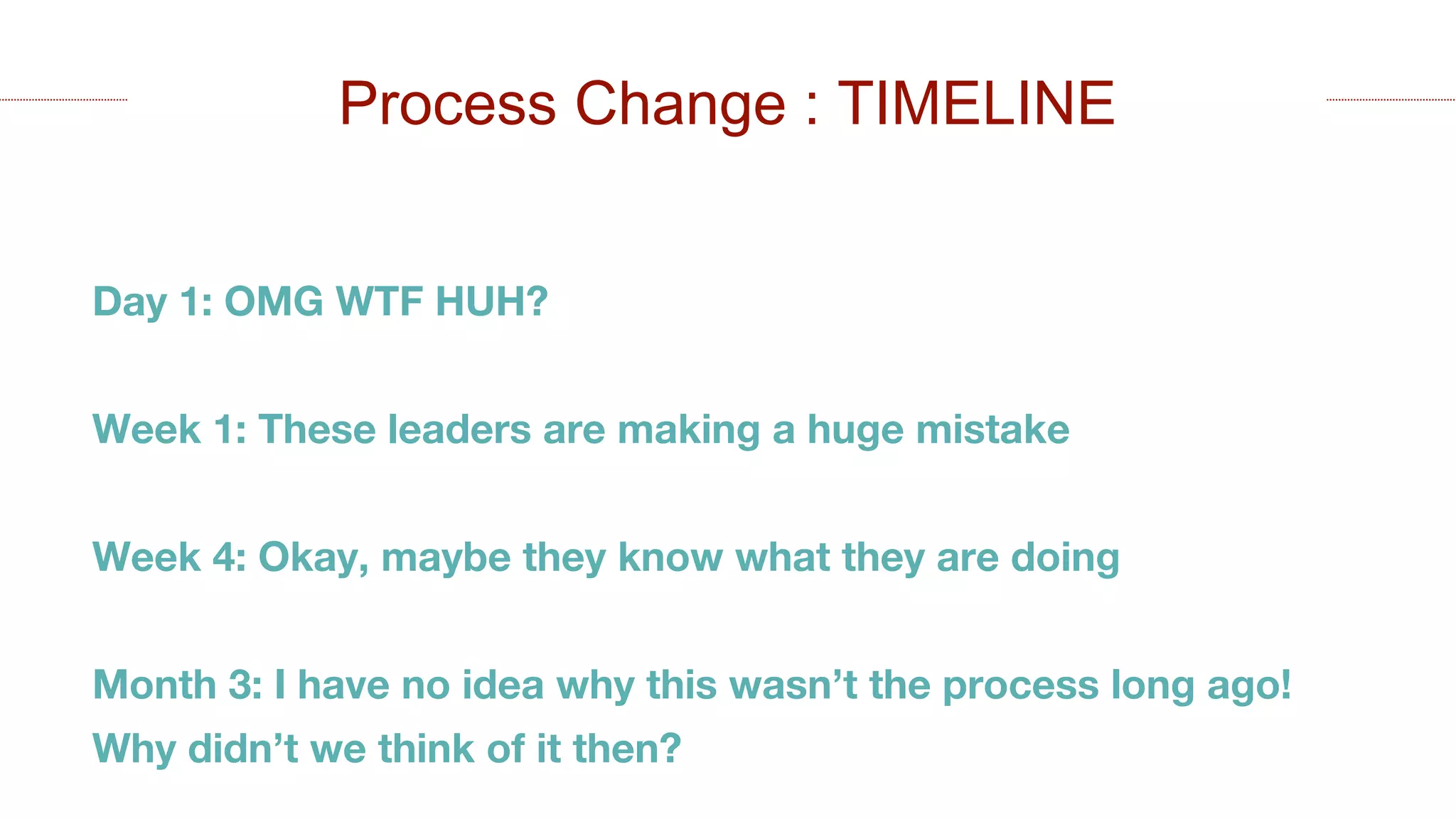 Day 1: OMG WTF HUH?
Week 1: These leaders are making a huge mistake
Week 4: Okay, maybe they know what they are doing
Month 3: I have no idea why this wasn’t the process long ago!
Why didn’t we think of it then?
Process Change : TIMELINE
 