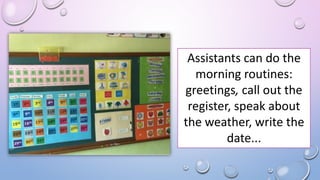 Assistants can do the
morning routines:
greetings, call out the
register, speak about
the weather, write the
date...
 