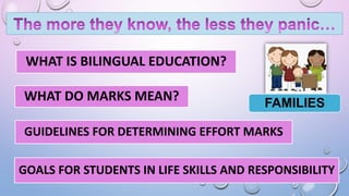 WHAT IS BILINGUAL EDUCATION?
WHAT DO MARKS MEAN?
GUIDELINES FOR DETERMINING EFFORT MARKS
GOALS FOR STUDENTS IN LIFE SKILLS AND RESPONSIBILITY
FAMILIES
 