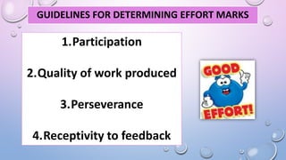 1.Participation
2.Quality of work produced
3.Perseverance
4.Receptivity to feedback
GUIDELINES FOR DETERMINING EFFORT MARKS
 