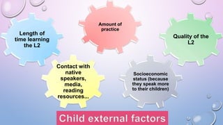 Length of
time learning
the L2
Amount of
practice
Quality of the
L2
Contact with
native
speakers,
media,
reading
resources...
Socioeconomic
status (because
they speak more
to their children)
 