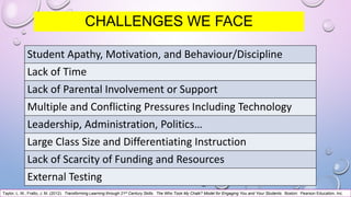 CHALLENGES WE FACE
Student Apathy, Motivation, and Behaviour/Discipline
Lack of Time
Lack of Parental Involvement or Support
Multiple and Conflicting Pressures Including Technology
Leadership, Administration, Politics…
Large Class Size and Differentiating Instruction
Lack of Scarcity of Funding and Resources
External Testing
Taylor, L. M., Fratto, J. M. (2012). Transforming Learning through 21st Century Skills. The Who Took My Chalk? Model for Engaging You and Your Students. Boston: Pearson Education, Inc.
 