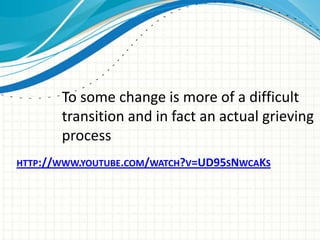 To some change is more of a difficult
       transition and in fact an actual grieving
       process
HTTP://WWW.YOUTUBE.COM/WATCH?V=UD95SNWCAKS
 