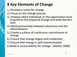 8 Key Elements of Change
1.) Develop a vision for change
2.) Focus on the change process
3.) Analyze which individuals in the organization must
   respond to the proposed change and what barriers
   exist
4.) Build partnerships between physicians and the
   administration
5.) Create a culture of continuous commitment to
   change
6.) Ensure that change begins with leadership
7.) Ensure that change is well communicated
8.) Build in accountability for change. (Weber, 2000)

                                                5
28/02/2012
 