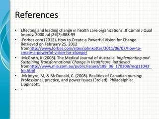 References
• Effecting and leading change in health care organizations. Jt Comm J Qual
  Improv. 2000 Jul ;26(7):388-99
• ...