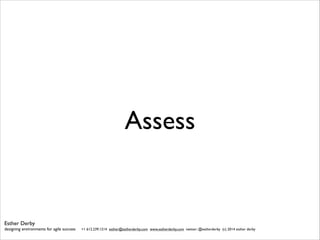 Assess

Esther Derby

designing environments for agile success

	

+1 612.239.1214 esther@estherderby.com www.estherderby....