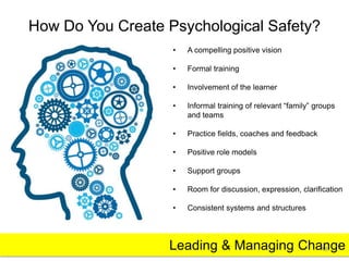How Do You Create Psychological Safety? 
Leading & Managing Change 
16 
• A compelling positive vision 
• Formal training ...