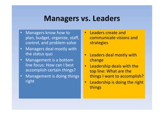 Managers vs. Leaders
• Managers know how to
plan, budget, organize, staff,
control, and problem solve
• Managers deal mostly with
the status quo
• Management is a bottom
• Leaders create and
communicate visions and
strategies
• Leaders deal mostly with
change• Management is a bottom
line focus: How can I best
accomplish certain things?
• Management is doing things
right
Leaders deal mostly with
change
• Leadership deals with the
top line: What are the
things I want to accomplish?
• Leadership is doing the right
things
 