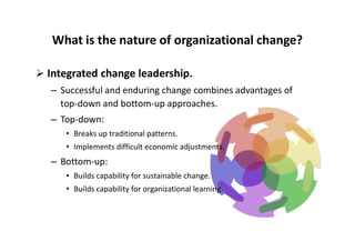 What is the nature of organizational change?
 Integrated change leadership.
– Successful and enduring change combines advantages of
top-down and bottom-up approaches.
– Top-down:
• Breaks up traditional patterns.
• Implements difficult economic adjustments.
– Bottom-up:
• Builds capability for sustainable change.
• Builds capability for organizational learning.
 