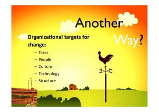 Organizational targets for
change:
– Tasks
– People
– Culture
– Technology
– Structure
 