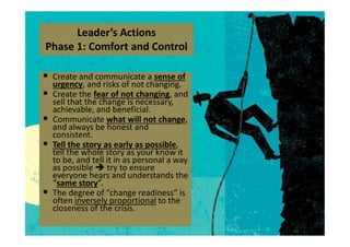 Leader’s Actions
Phase 1: Comfort and Control
• Create and communicate a sense of
urgency, and risks of not changing.
• Create the fear of not changing, and
sell that the change is necessary,
achievable, and beneficial.
• Communicate what will not change,
and always be honest and
• Communicate what will not change,
and always be honest and
consistent.
• Tell the story as early as possible,
tell the whole story as your know it
to be, and tell it in as personal a way
as possible  try to ensure
everyone hears and understands the
“same story”.
• The degree of “change readiness” is
often inversely proportional to the
closeness of the crisis.
 