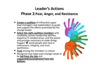 Leader’s Actions
Phase 2:Fear, Anger, and Resistance
• Create a coalition of influential upper
level managers and stakeholders to guide
and support the efforts promoted by the
change leader.
• Select the right coalition members with
credibility, proven leadership abilities,credibility, proven leadership abilities,
expertise in needed areas, and the power
and prestige necessary to make things
happen  avoid people who lack in
enthusiasm, integrity, and trust
worthiness.
• Trust among the members is critical.
• Recognize that large scale change needs to
be led from the top and
supported/accomplished from the
bottom.
 