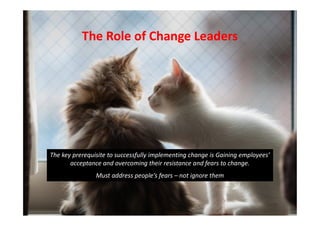 The Role of Change LeadersThe Role of Change Leaders
The key prerequisite to successfully implementing change is Gaining employees’
acceptance and overcoming their resistance and fears to change.
Must address people’s fears – not ignore them
 
