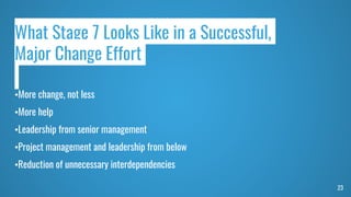 23
What Stage 7 Looks Like in a Successful,
Major Change Effort
•More change, not less
•More help
•Leadership from senior management
•Project management and leadership from below
•Reduction of unnecessary interdependencies
 