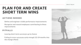 DMS,IIT DELHI
PLAN FOR AND CREATE
SHORT TERM WINS
A C T I O N S N E E D E D
Define and engineer visible performance improvements
Recognize and reward employees contributing to those
improvements
P I T F A L L S
Leaving short-term successes up to chance
Failing to score successes early enough (12-24 months into
the change effort)
 