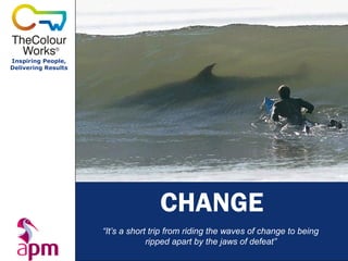 Inspiring People,
Delivering Results




                                    CHANGE
                     “It’s a short trip from riding the waves of change to being
                                  ripped apart by the jaws of defeat”
 