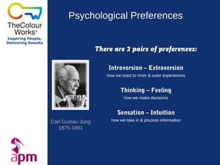 Psychological Preferences

Inspiring People,
Delivering Results

                                        There are 3 pairs of preferences:

                                            Introversion – Extraversion
                                           how we react to inner & outer experiences


                                                  Thinking – Feeling
                                                   how we make decisions


                                                Sensation – Intuition
                     Carl Gustav Jung        how we take in & process information
                        1875-1961
 
