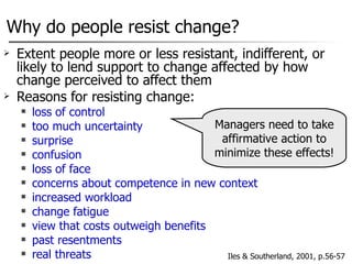 Extent people more or less resistant, indifferent, or likely to lend support to change affected by how change perceived to affect them Reasons for resisting change: loss of control too much uncertainty surprise confusion loss of face concerns about competence in new context increased workload change fatigue view that costs outweigh benefits past resentments real threats Why do people resist change? Managers need to take affirmative action to minimize these effects! Iles & Southerland, 2001, p.56-57 