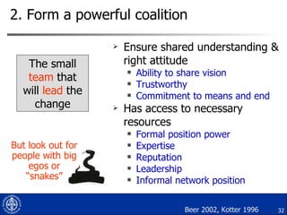 2. Form a powerful coalition Ensure shared understanding & right attitude Ability to share vision Trustworthy Commitment to means and end Has access to necessary resources Formal position power  Expertise  Reputation  Leadership  Informal network position But look out for people with big egos or “snakes” Beer 2002, Kotter 1996 The small  team  that will  lead  the change 