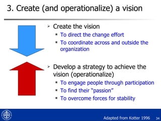 3. Create (and operationalize) a vision Create the vision To direct the change effort To coordinate across and outside the organization Develop a strategy to achieve the vision (operationalize) To engage people through participation To find their “passion” To overcome forces for stability Adapted from Kotter 1996 