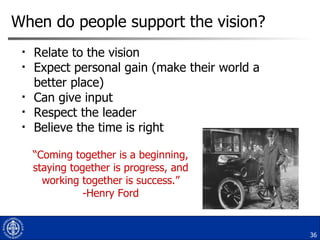 When do people support the vision? Relate to the vision Expect personal gain (make their world a better place) Can give input Respect the leader Believe the time is right “ Coming together is a beginning, staying together is progress, and working together is success.” -Henry Ford 