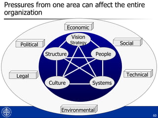 Pressures from one area can affect the entire organization Political Environmental Technical Legal Social Economic Culture Systems Vision Strategy Structure People 