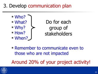 3. Develop  communication plan Who? What? Why? How? When? Remember to communicate even to those who are not impacted  Do for each group of stakeholders Around 20% of your project activity! 