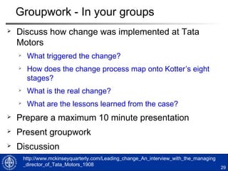 29
Kotter’s eight-stage process for change
Kotter 1996
2. Form a powerful guiding coalition
1. Establish a sense of urgency
3. Create a vision
8. Anchor new approaches
4. Communicate the vision
5. Empower others to act on the vision
6. Plan for and create short-term wins
7. Consolidate improvements and produce more change
 