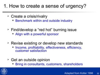 32
Groupwork - In your groups
 Discuss how change was implemented at Tata
Motors
 What triggered the change?
 How does the change process map onto Kotter’s eight
stages?
 What is the real change?
 What are the lessons learned from the case?
 Prepare a maximum 10 minute presentation
 Present groupwork
 Discussion
http://www.mckinseyquarterly.com/Leading_change_An_interview_with_the_managing
_director_of_Tata_Motors_1908
 
