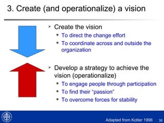 35
1. How to create a sense of urgency?
 Create a crisis/rivalry
 Benchmark within and outside industry
 Find/develop a “red hot” burning issue
 Align with a powerful sponsor
 Revise existing or develop new standards
 Income, profitability, effectiveness, efficiency,
customer satisfaction
 Get an outside opinion
 Bring in consultants, customers, shareholders
Adapted from Kotter 1996
 