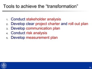 70
Today’s Coaching Session
 Each Group will present its Change Project to the
others, max 10 minute presentation
 One Review Group will be appointed to lead the
following discussion, max 5 minutes:
 How well does the Project fulfill the Change Project
criteria?
 What challenges are foreseen for the Project?
 How could these challenges be overcome?
 Promote learning through “Assess, Challenge,
Support”!
 